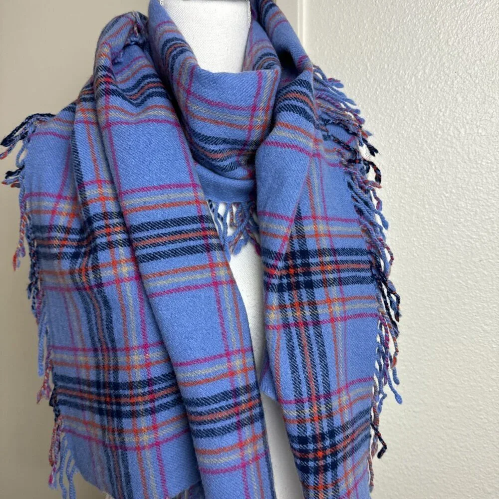 Talbots Winter 100% Wool Scarf  Plaid Fringe 62 x 19 Rectangle Shawl Wrap Soft